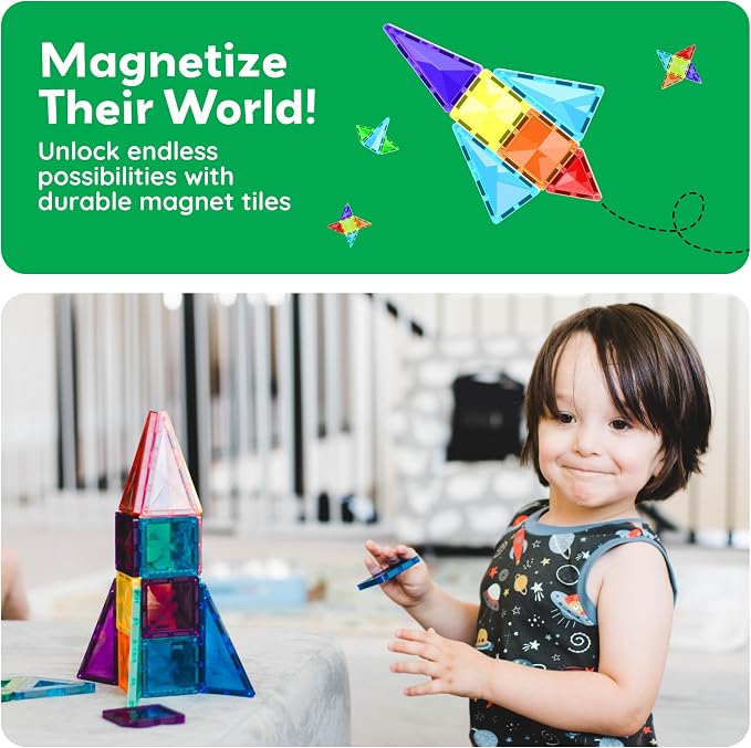 PicassoTiles 80 PCs Magnetic Tiles Travel Size Mini Version Building Block Construction Set for Kids Great Gift Ages 3+ Boys & Girls Preschool Kindergarten Montessori Playing Toys Stacking Fun PTM80