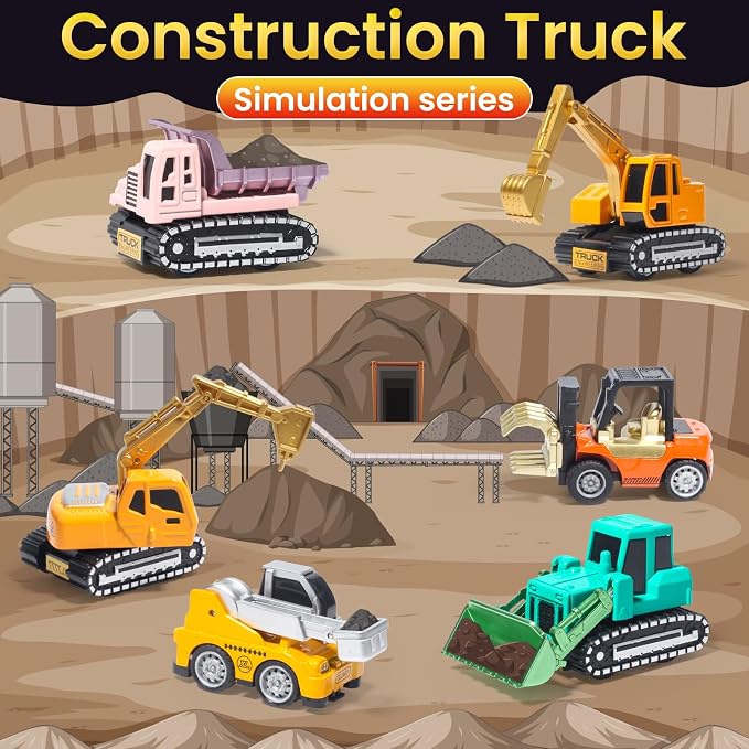 Oriate Diecast Construction Trucks for Kids,6PCS Toys Construction Vehicles | Excavator Forklift Dump Truck,Pull Back Cars,Mini Metal Travel Construction Toys for Boys Girls ,Christmas Birthday Kid Gift