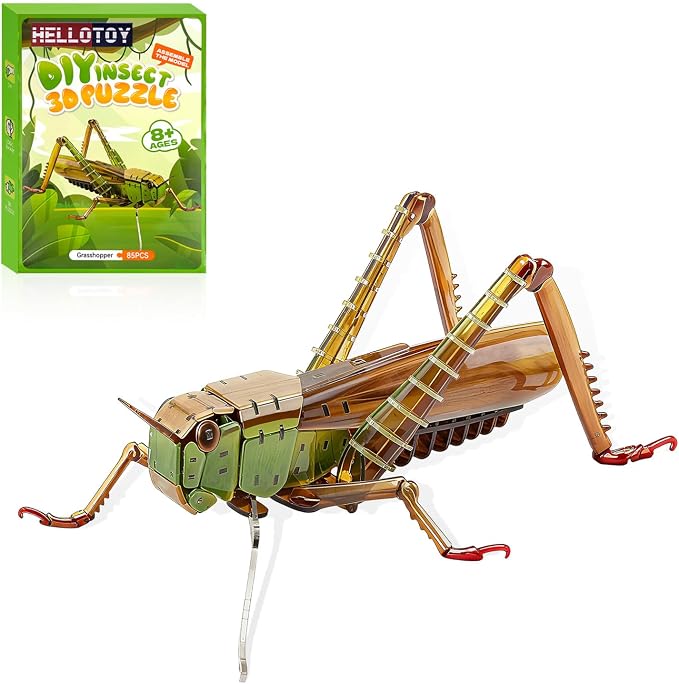 3D Acrylic Insect Puzzle DIY Bug Model Kit Animal STEM Gift | Building Kits Crafts Figurine Sculpture Nature Decoration Educational Display Toys for Kids Teens and Adults (Grasshopper)