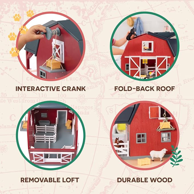 Terra by Battat – 20 Pieces Wooden Animal Barn Toy Set – Farm Animals & Play Fence – Pretend Play for Toddlers & 3+ Years – Educational Toys – Farmhouse Playset | Wooden farm toy set with 1 barn, 10 fences, ladder, 4 hay bales, 2 troughs, pulley tray a...