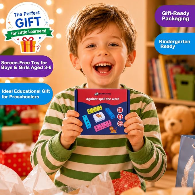 Spelling Games for Kids Ages 3-8, Learn to Read Phonics & Word Building Game with 40 Flash Cards, 16 Wooden Letter Blocks for Screen-Free Family Fun & Preschool Classroom Learning