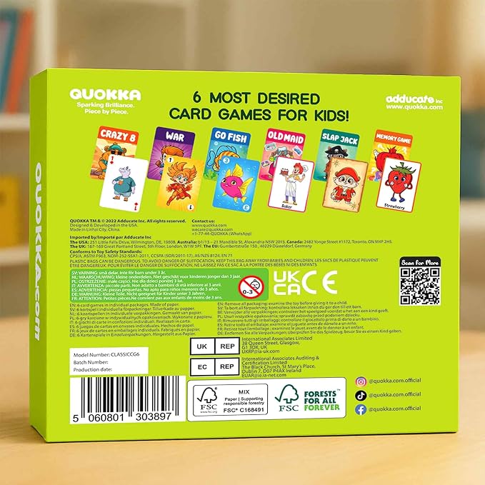 QUOKKA Card Games for Kids Ages 4–8, 6 Pack, Crazy 8, Go Fish, Old Maid, War, Slap Jack, Memory Match – Fun Family Games Playing Cards for Kids, Easy to Learn, Educational & Travel-Friendly Gift