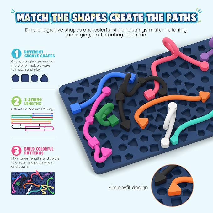 Sensory Activity Board: Ednzion Silicone Fidget Toy for Kids & Adults | Silent, No Mess, Calming for Anxiety, ADHD & Autism | Quiet Montessori Travel Toy with 12 Bendable Strings | Ages 3+