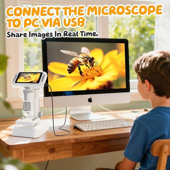 1600X Kids Microscope, 1080P Digital Microscope with 4.0" Screen | STEM Science Education Toy with Slides Kit, Portable Pocket Learning Microscope for Kids Ages 3-14, Birthday Christmas Gift
