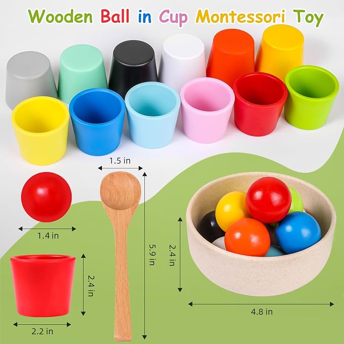 Rainbow Balls in Cups Toddler Montessori Toys (12 Balls, 1.4 in) | Color Sorting Toys for Toddlers for 3 Year Old Up, Learning Color Sorting and Counting, Kids Preschool Wooden Matching Games