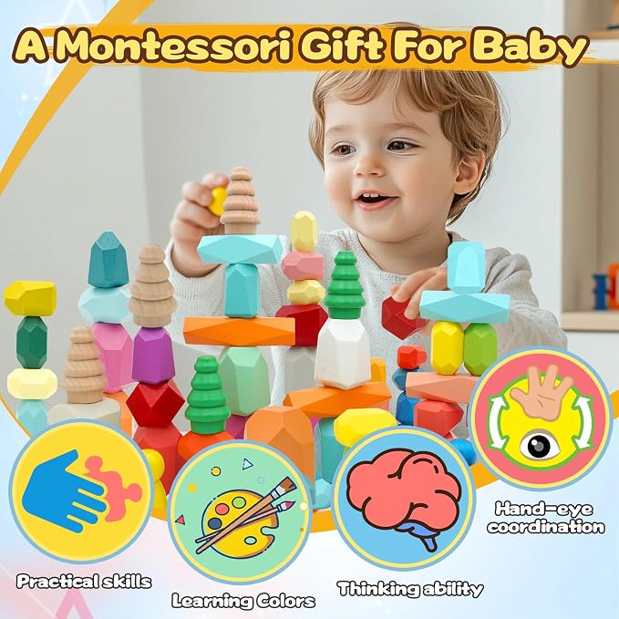 MEGRANATE 58PCS Montessori Wooden Stacking Rocks Toys Colorful Stacking Stones Building Blocks Games Sensory Toy for Kids Educational Learning Toys for 3+ Years Old Kids