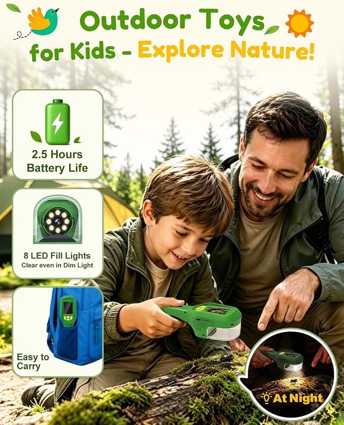 Digital Bug Catcher for Kids, Outdoor STEM Toys Birthday Gifts for Kids 3+ | 1080p Bug Magnifier, Microscope for Kids with Auto Focus, 8 LED Fill Lights, for Summer Camping Travel Science Toy Age 3-12