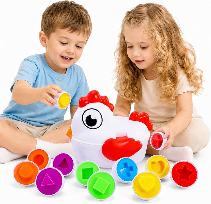 Toddlers Easter Chicken Eggs Matching Toys for Boys Girls 2 3 4 5 Years, Colors & Shape Matching Game, Preschool Sensory Fine Motor Skills Development Toy, Birthday Gifts for Baby Boys Girls