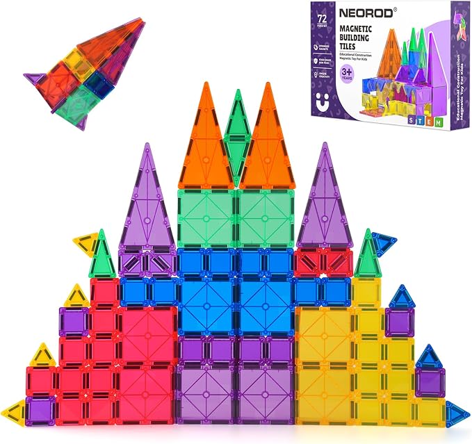 NEOROD Travel Magnetic Tiles, 72 PCS Mixed Size STEM Building Toys for 3-8 | Regular & mini tiles, compatible with others, richer builds & more creations, portable magnet block for travel/home/classroom