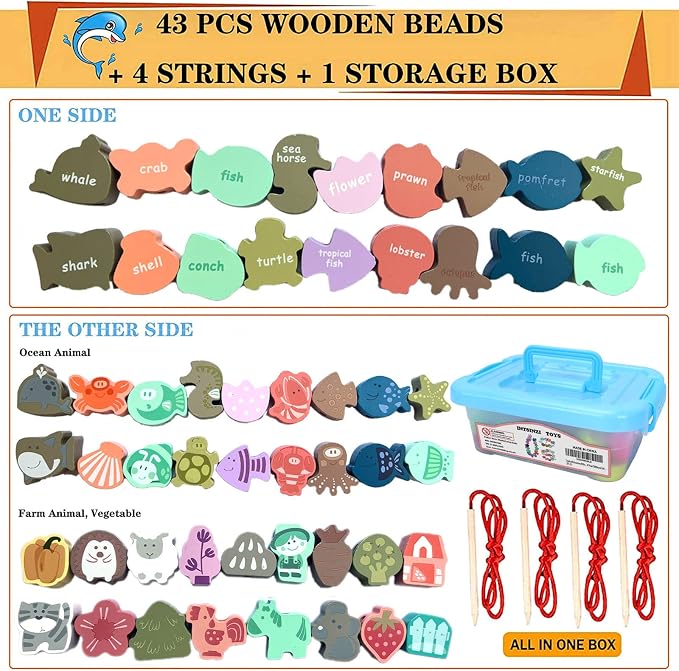Educational Wooden Threading Beads Toys for Toddlers,47 PCS Stringing Animals Ocean Farm Preschool Lacing Beads,Montessori Toys for Kids 3 4 5 6 Year Old Boys Girls…