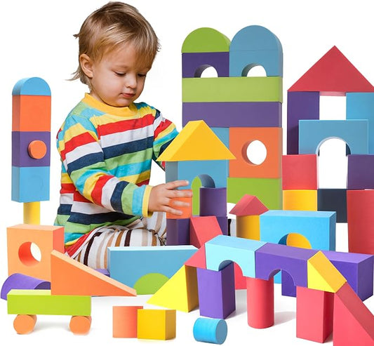 34 Large Foam Blocks for Toddlers - Stacking Soft Blocks for Kids Set | Giant EVA foam building blocks for kids - 34 soft colorful shapes to stack, with storage bag for daycare, preschool, or home