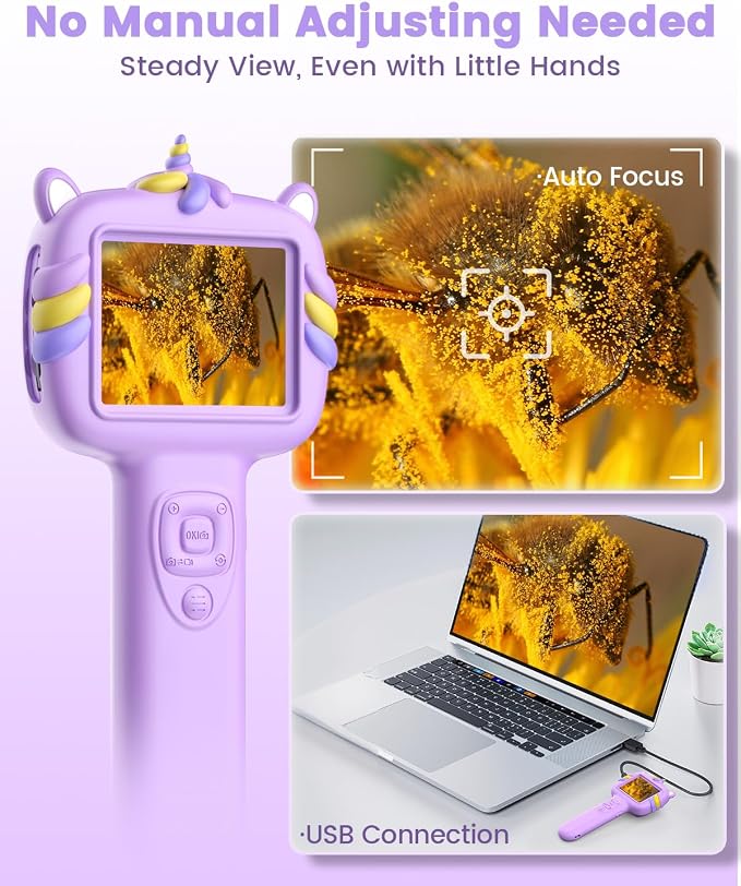 Kids Microscope Outdoor Toys - Handheld Microscopes Autofocus | Portable Microscopes with 2.4" Screen,Educational Science Kit Christmas Birthday Gift for Age 3-8 Girls Boys (Purple)