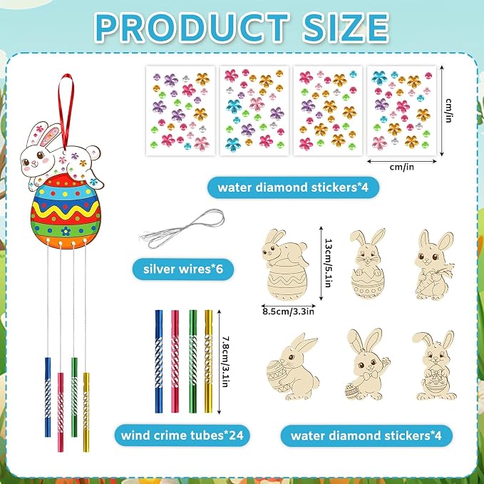 Wooden Easter Bunny Wind Chime Kits Make Your Own Easter Crafts for Kid Coloring DIY Easter Rabbit Wind Chime for Spring Party School Classroom Hanging Decoration Supplies Birthday Favor 6 Pack