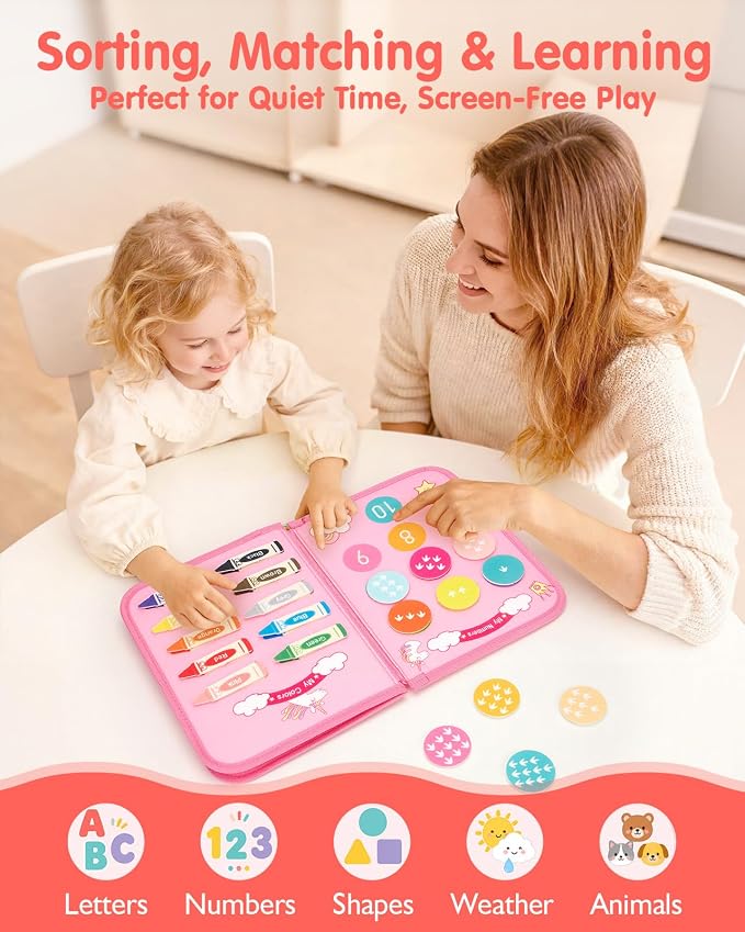 hahaland Busy Board Montessori Toys Busy Book Toddler Girl Gifts Travel Toy | Toddlers Educational Learning Toys with Life Skills, Alphabet, Number, Shape, Color, Weather, Detachable Pages for Car Ride