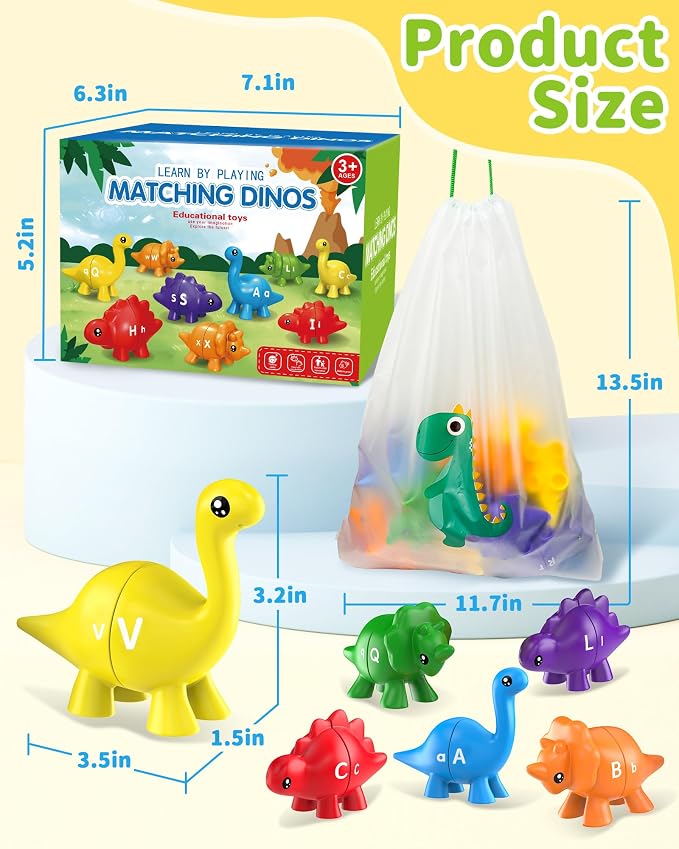Walenty 26PCS Dinosaur Alphabet Learning Toys for Toddlers Kids 3-5 | Montessori Educational Toys Gifts for 3 4 5 Year Old Boy Girl, Preschool Travel Activities, Double Sided ABC Matching Game