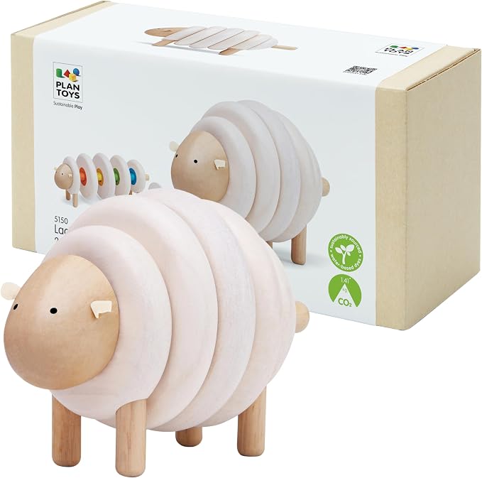 PlanToys® Lacing Sheep Wooden Threading Toy for Kids Ages 3+ Montessori | lacing sheep wooden threading toy, montessori fine motor coordination, focus creativity activity, ages 3+, preschool learning