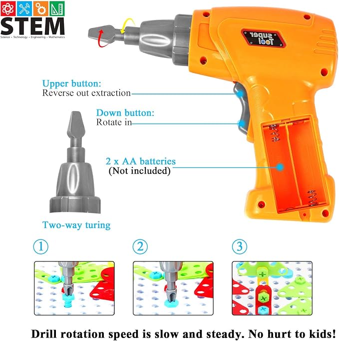HAPTIME Design and Drill Toy,Educational Toys Building for Kids Ages 3-8,STEM Toys for 3 4 5 6 Year Old,193 Pcs Electric Drill Toy,Magic Montessori Play Toolbox for Toddler Boys Girls Preschool