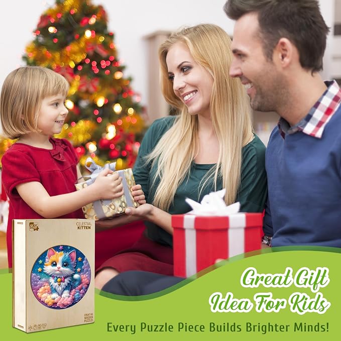 Rainbow Wooden Puzzles for Kids - Celestial Kitten | 50 Piece Puzzles for Kids Ages 6-8, Kids Puzzles with Unique Animal Shapes, Round Gift for Girls and Boys (11.4 * 11.4 in)