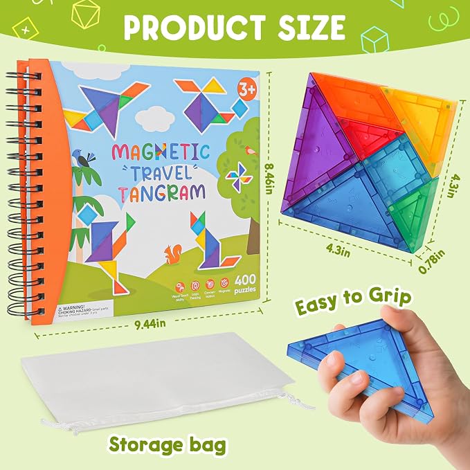 3D Magnetic Travel Tangram Puzzle, STEM Brain Teasers Toy for Kids&Adults | 400 Shape Challenges, Logic Skill Builder, Portable Book Design, Easy to Store, Educational Learning Gift