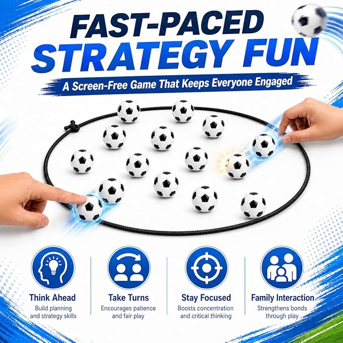 Soccer Magnetic Game with String, 20 Football-Shaped Stones, Strategy Puzzle Board Game for Kids and Adults, 2 Player Tabletop Game for Family Game Night, Travel, Camping, Parties