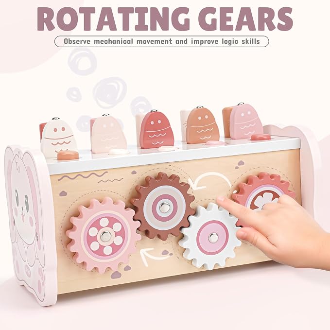 Joyreal Pink Wooden Montessori Toys for 1 Year Old Hammering Pounding Toys | Xylophone, Fishing Game, Gears, Toddler Learning Activities for Kids, Christmas Birthday Gifts for 1+ 2 3 Year Old Girls