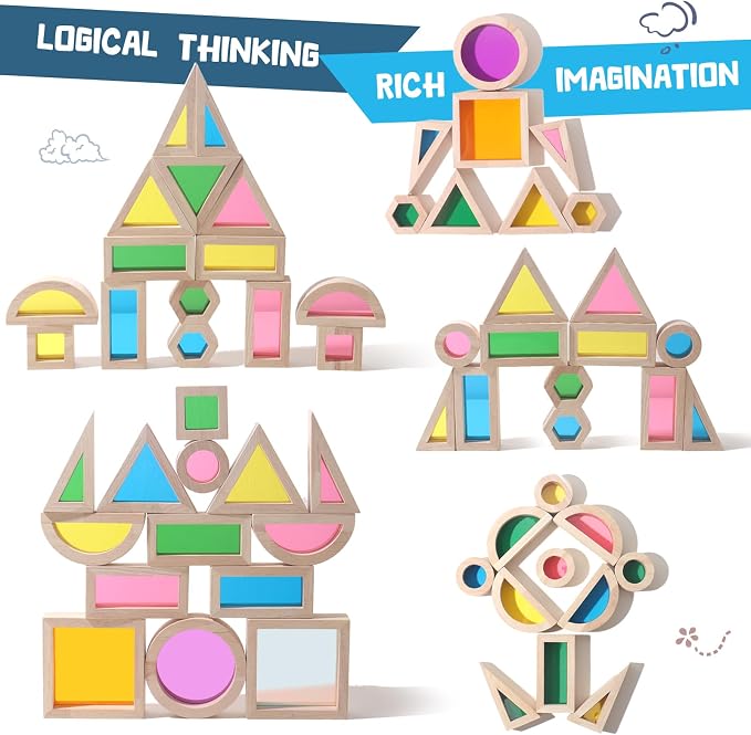 Dinhon 32-Piece Acrylic Rainbow Building Blocks Set for Kids - Colorful Stacking Blocks, Educational Toddler Puzzles, Preschool Learning Toys, Gifts for Ages 1 2 3 4 5 Boys and Girls