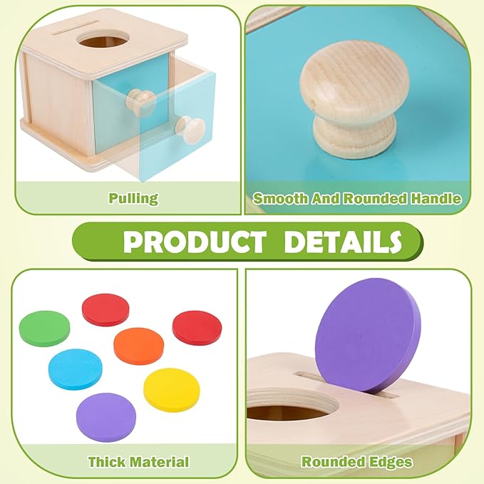 Adena Montessori Blue Wooden Coin Box 2 in 1 Object Permanence Toy 6+ Mo | Includes 6 colorful wood discs and a ball, works as color shape sorter and baby toy storage, smooth burr-free linden wood