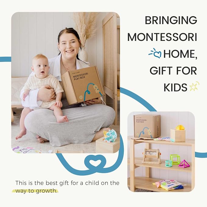 Tiny Land Montessori Baby Toy Set 4-6 Months 4 in 1 Motor Skills Kit | Soft cloth book, spinning rainbow toy, silicone blocks, baby tissue box, tummy time, teething and fine motor play gift