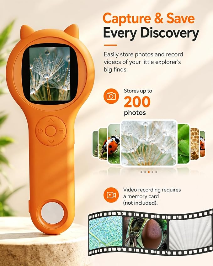 Bug Exploration Microscope for Kids, 500X Handheld Digital Microscope with 2" IPS Screen, Backyard Adventure STEM Science Toy Age 5-12 (Orange)