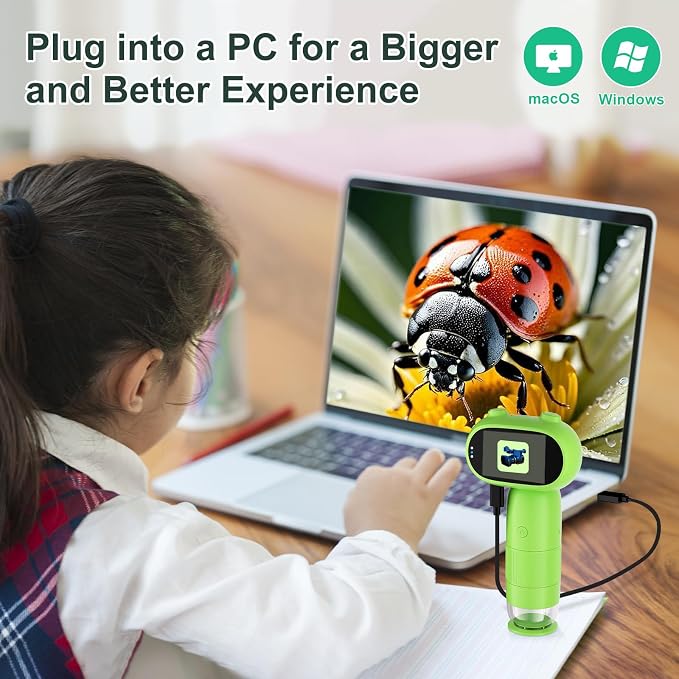 1000X Pocket Microscope for Kids – Railhorn Mini Microscope with 2" LCD Screen, 16MP Camera & 1080P Video, Handheld Magnifier with Light for Coins, Slides & Nature Exploration, STEM Toy for Ages 3-12