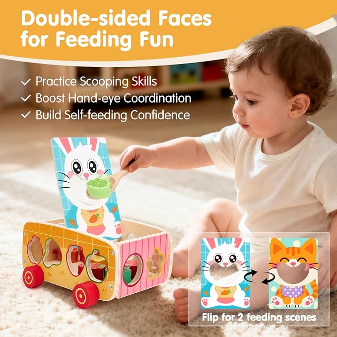 hahaland Montessori Toys 18 Month Old Girl Gifts, Wooden Toddler Toys 2-3 | Feeding Toy, Shape Sorter, Color Sorting, Magnetic Fishing, Pull Along, Fine Motor Skills Birthday Gifts