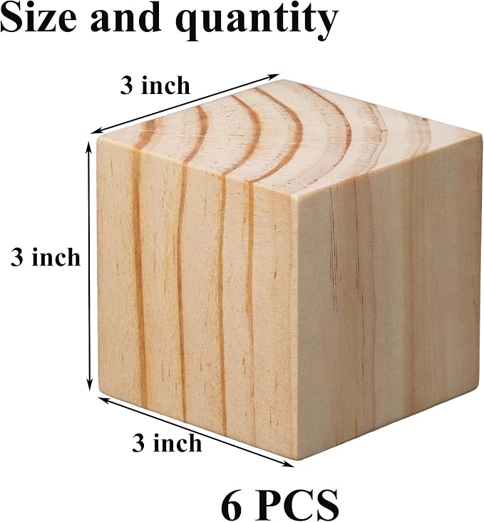 6 Pack Unfinished Wood Blocks 3 Inch - Solid Pine Wooden Cubes for Crafts, Sanded Smooth Natural Wood Squares for Carving, Painting, Engraving & Rustic Home Decor