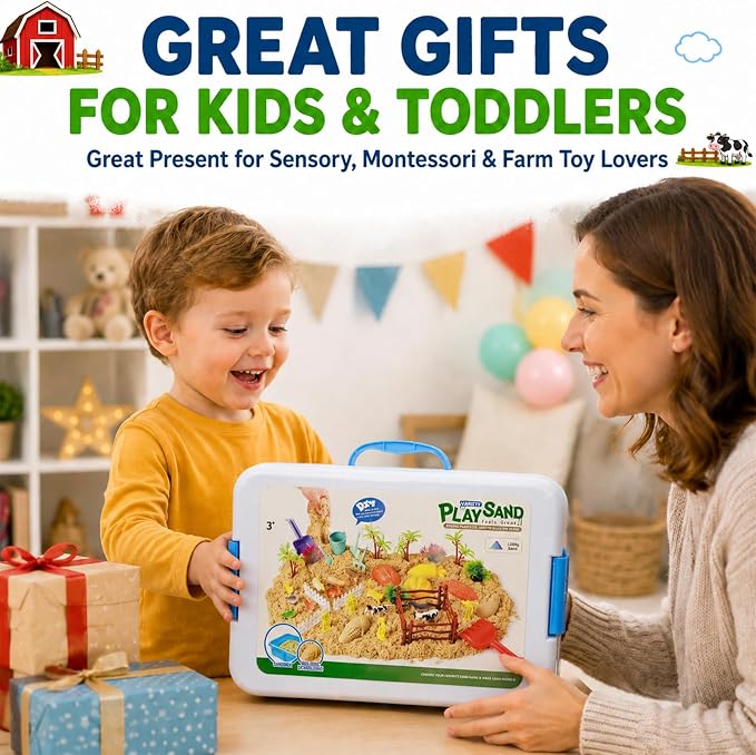 Lunoppy Farm Sensory Sand Kit, Lidded Sand Bin Farm Toys for Kids Ages 3-12 | Indoor Sandbox with 3-Color Magic Sand & Tools, STEM Montessori Farm Sensory Toys, Christmas & Birthday Gifts for Boys Girls