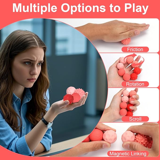 BUSOHA Silicone Magnetic Fidget Balls - 8 Pack Fidget Toys for Adult | Four Unique Textures Sensory Support,Quiet and Silent Stress Relief,Lightweight,Office,Travel,Anxiety,ADHD,Red