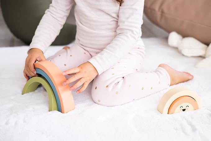 Pearhead Wooden Arch Rainbow Stacking Toy, Montessori Baby Stacker | Neutral Rainbow Arches, Sorting And Balancing Play, Fine Motor Practice, Nursery Decor, Baby Toddler Toys, Ages 12M+