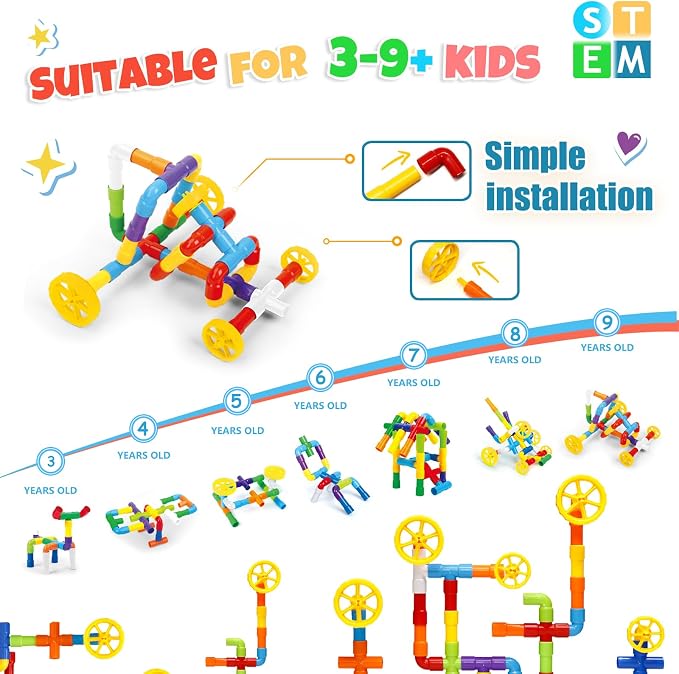 Ggiibro STEM Building Toy for Toddlers 106Pieces Tube Pipe Toy,Educational Preschool Game for 3+ Years,Learning Building Blocks Play with Storage Box Gift Kit,Montessori Toys for Boys & Girls