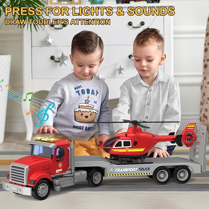 DOWELLIN 22" Semi Fire Truck Toy with Helicopter for Kids Toddlers - Fire Police Trucks Car Toys, Birthday for Boy Girl Child 3 4 5 6 7 Years Old