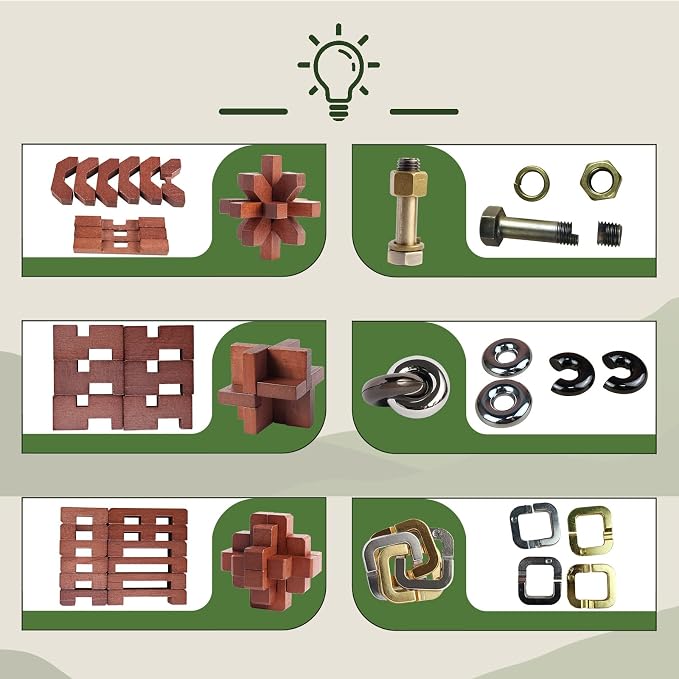 12pcs Puzzles Toys Wooden Metal Brain Teaser Puzzles Game for Adults Kids Desk Toy Lock Puzzles Gift for Teens