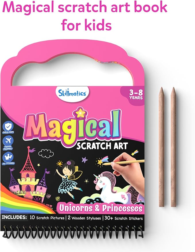 Skillmatics Magical Scratch Art Book – Unicorns & Princesses, Travel Toy | Craft Kit, Drawing & Coloring Supplies, 30+ Scratch Stickers, Screen-Free, Gift for Toddlers, Girls & Boys Ages 3, 4, 5, 6
