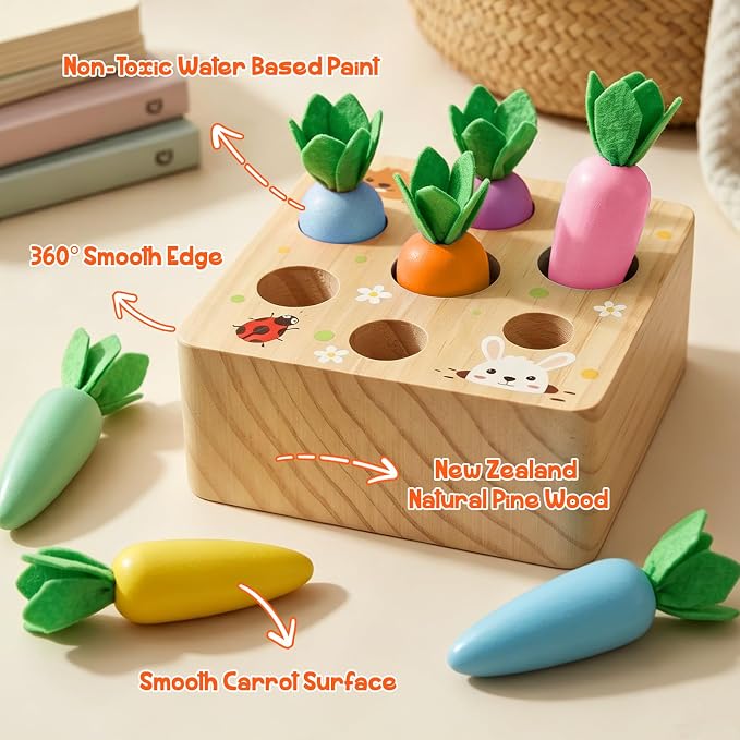 Wdmiya Montessoritoys for 1 Year Old, Developmental Wooden Toys 6-12 Months | Shape Sorting & Matching Puzzle Macaron Carrots Harvest Game, Christmas Birthday Gifts for Toddlers Babies Boys and Girls