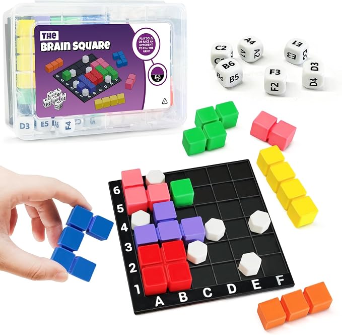 STEM Puzzle Game The Brain Square with 160000+ Solutions Pattern Matching Blocks Brain Teaser Toy Roll Dice & Race Your Opponent to Fill Grid for Kids Birthday (Single Player)
