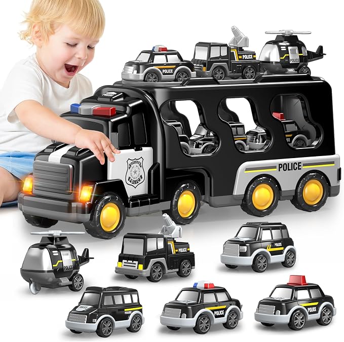 Beby Buty 7 in 1 Police Trucks Cars Toys for Toddlers 3-5, Boy Toddler Car Truck Toys with Light Sound, Birthday Gifts Toys for 3 4 5 6 Year Old Boy, Transport Carrier Truck for Toddlers 3-5 Years