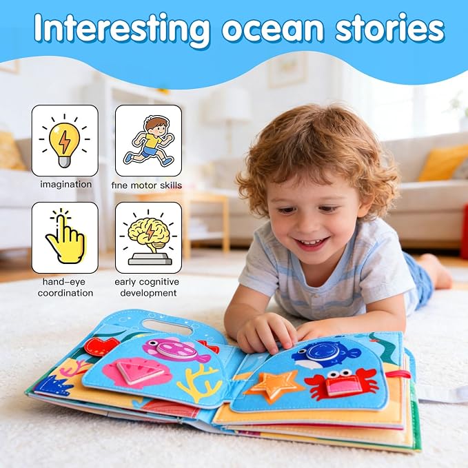 Travel Toys for Toddlers,Ocean Busy Book for Toddlers 1-3, Felt Activity Book, Busy Board for 1 Year Old Girls Montessori Toys, Quiet Book FineMotor Skills Learning Toys,Gifts for Children