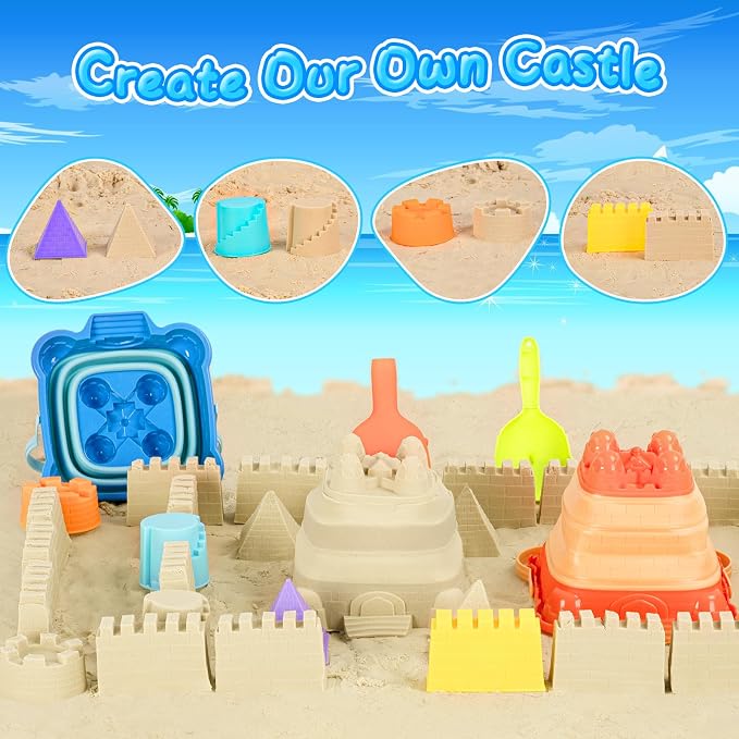 Beach Toys, Collapsible Sand Toys - 9pcs Sand Castle Building Kit: Foldable Sand Buckets, Shovels, Castle Molds & Packable Mesh Bag - Sandbox Toys for Toddlers, Kids Ages 3-12, Beach Travel