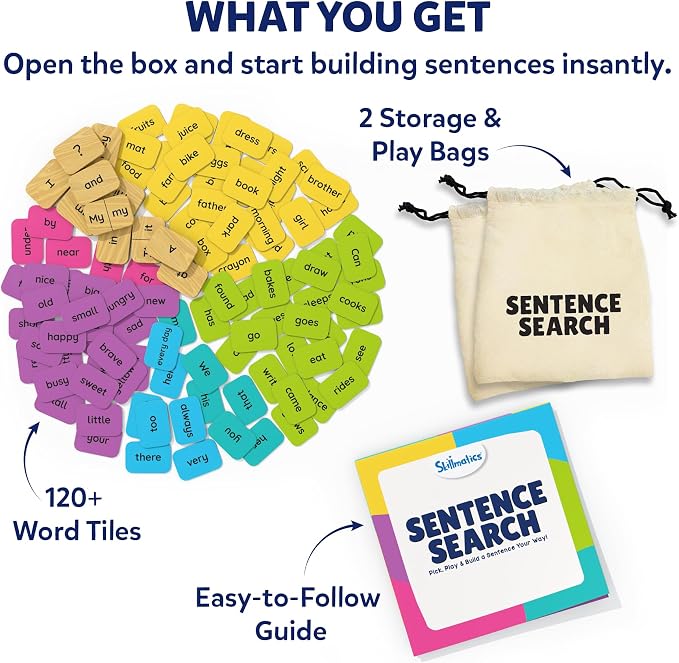 Skillmatics Sentence Search – Educational Board Game, Learning Toy for Kids | Sentence Building Activity, Creative Word Play, Screen-Free Fun, 120+ Tiles (1.3 x 1 Inches), Gift for Ages 5, 6, 7, 8