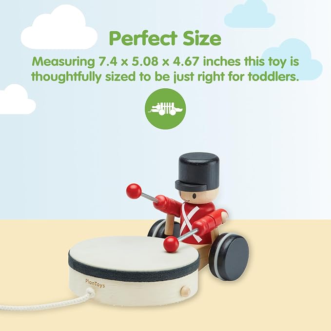 PlanToys® Wooden Pull Along Drummer Musical Toy for Kids Toddler Active Set | rolling wheels, drumming rhythm, baby musical toys, girls, boys, montessori focus coordination learning gift preschool
