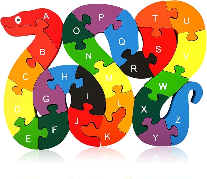 LovesTown Wooden Double Sided Snake Puzzle | Alphabet & Numbers, Educational Toys, Chunky Animal Design, For Toddlers, Great Learning Gift