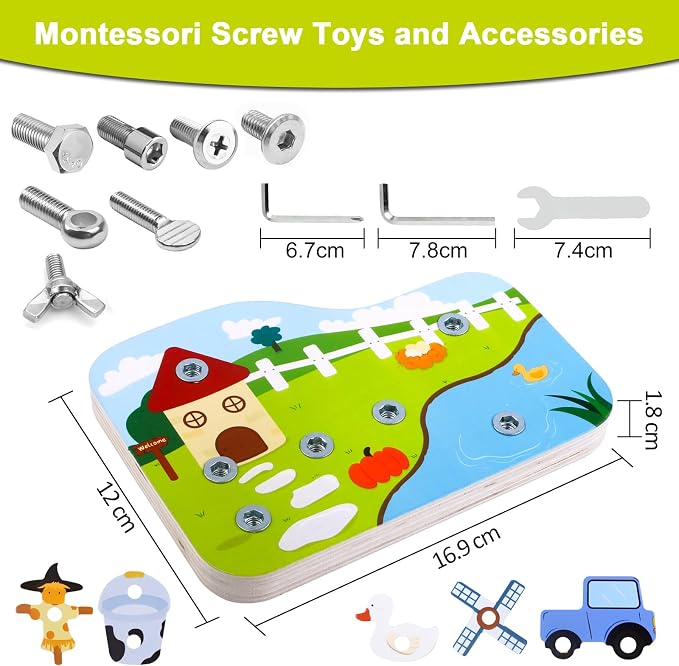 Wooden Montessori Farm Screwdriver Board, 16-Piece Toy for Kids Ages 3+ | Removable parts and child-sized tools for matching varied screw types and fine motor practice