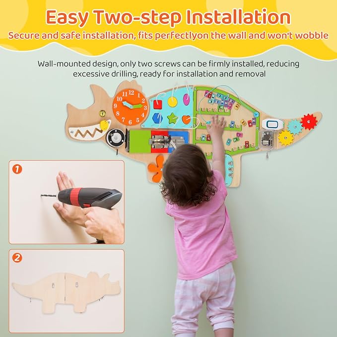 FIIOEOY Dinosaur Wall Busy Board,11-in-1 Montessori Wall Activity Board | Foldable Wooden Sensory Wall Panel for Kids, Wall-Mounted Busy Board, Perfect for Playroom, Daycare, Waiting Room & Nursery