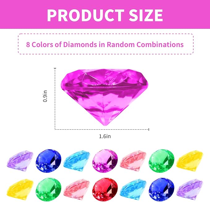 28Pcs Large Diving Pool Gems Big Acrylic Diamond Gemstones Jewels for Kids | Extra Large 1.57in, Fake Plastic Crystal Gems, Underwater Mermaid Hunt Pirate Treasure Games, Easter Egg Fillers